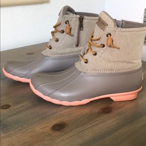 Saltwater Sperry Duck Boots Pink and Gray